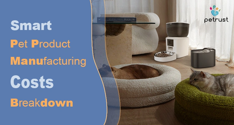 Two cats relaxing in luxurious pet beds next to various modern smart pet devices, illustrating the components that factor into Smart pet product manufacturing costs.