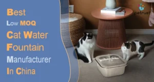 Best Low MOQ Cat Water Fountain Manufacturers in China of Home Two cats drinking from a modern, square water fountain in a stylish interior, representing the services of low MOQ cat water fountain manufacturers in China.
