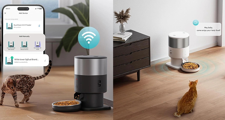 A Bengal cat and an orange cat interacting with the PF07 Smart Wi-Fi Feeder, shown alongside the mobile device setup screen for this dual-band feeder from CE FCC certified cat feeder manufacturers.