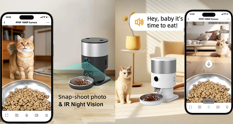 Split screen showing a ginger cat and a white/silver PF09 smart feeder with app control and IR night vision, produced by CE FCC certified cat feeder manufacturers.