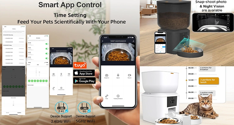 Collage featuring the QQ029 Smart Pet Feeder, showing the feeding schedule app control, 1080P camera view, and dual WiFi support, confirming it's from CE FCC certified cat feeder manufacturers.