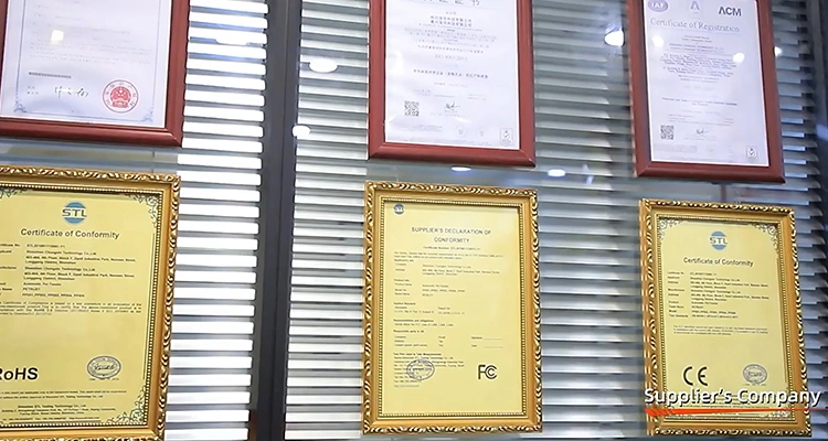 A wall display of framed compliance certificates, including CE FCC certified cat feeder manufacturers documentation for international quality assurance.