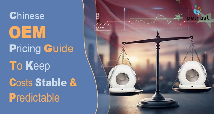 An image showing a scale balancing two automatic litter boxes with charts in the background, representing a guide to stable and predictable Chinese OEM pricing strategies for 2025.