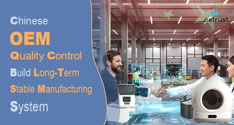 A business handshake between a Western and an Asian executive in a high-tech factory setting, symbolizing a commitment to Chinese OEM quality control for smart pet products like the self-cleaning litter box featured.