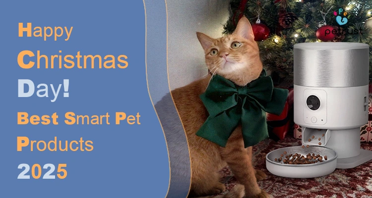 A festive ginger cat wearing a green bow tie next to an automatic feeder, showcasing top-rated Christmas 2025 smart pet products for holiday gifting.