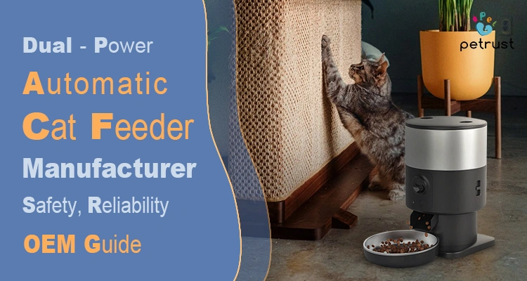 A tabby cat near a scratching post and a modern automatic pet feeder, illustrating the safety and reliability standards maintained by dual power automatic cat feeder manufacturers.