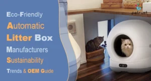 A white cat using a modern, dome-shaped smart litter box in a contemporary home setting, representing the focus of eco-friendly automatic litter box manufacturers on sustainability.