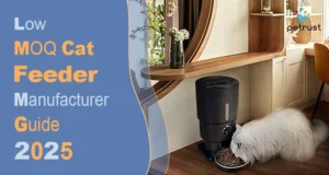 Low MOQ Cat Feeder Manufacturer of Home A fluffy white cat eating from a black smart pet feeder in a bright, modern room, highlighting the services of a low MOQ cat feeder manufacturer.