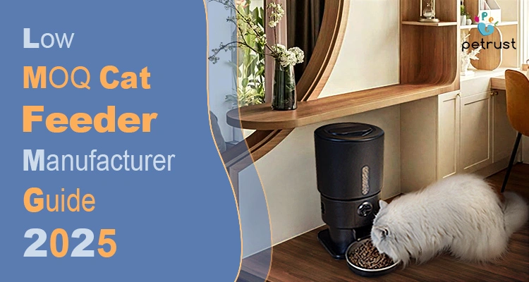 A fluffy white cat eating from a black smart pet feeder in a bright, modern room, highlighting the services of a low MOQ cat feeder manufacturer.