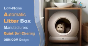 Low Noise Automatic Litter Box Manufacturer of Home A smart litter box with a cat inside; this smart cat litter box was manufactured by a low-noise automatic litter box manufacturer.
