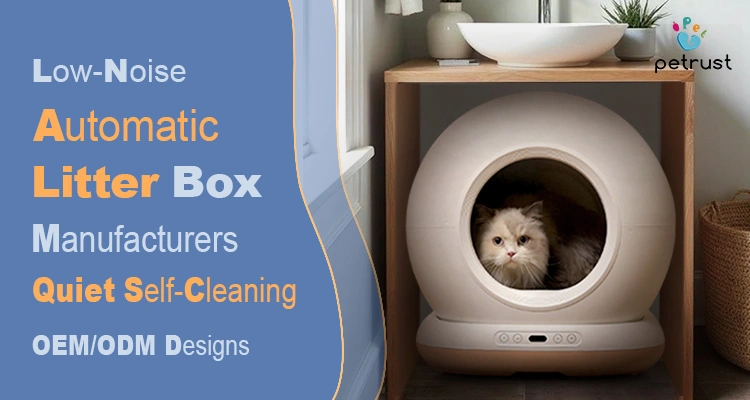 Low Noise Automatic Litter Box Manufacturer of Custom Automatic Cat Litter Box A smart litter box with a cat inside; this smart cat litter box was manufactured by a low-noise automatic litter box manufacturer.