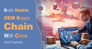 OEM Supply Chain China of Home A business professional pointing at a logistics map on a laptop, symbolizing strategic planning for a stable OEM supply chain China in global manufacturing.