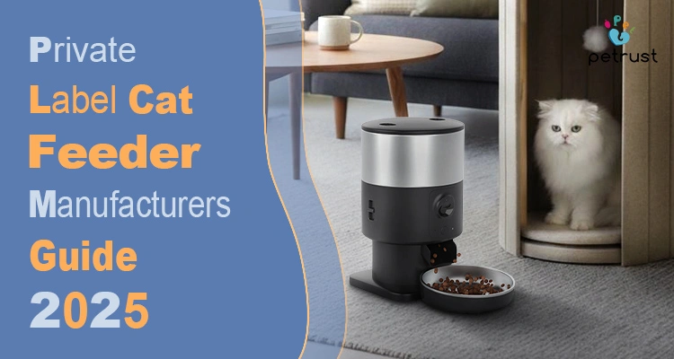 A white, fluffy cat sits next to a modern, black and silver automatic cat feeder dispensing kibble, illustrating the comprehensive "Private Label Cat Feeder Manufacturers Guide 2025" from a private label cat feeder manufacturer.