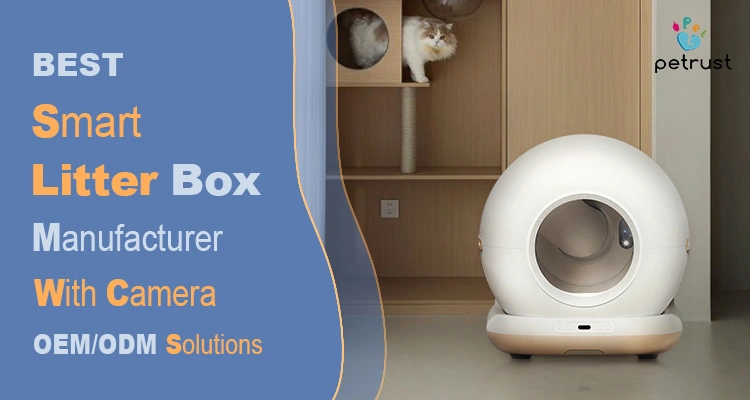 A modern, white automatic litter box with camera capabilities in a home setting, produced by a leading smart litter box manufacturer with camera.
