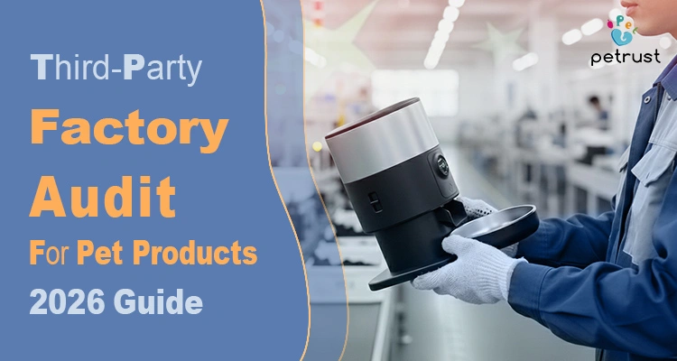 A quality control worker in a factory inspecting an automatic pet feeder, symbolizing the necessity of a third-party factory audit for pet products.