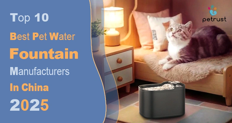 A tabby cat lounges next to a sleek, dark-gray pet water fountain, promoting a guide to the "Top 10 Best pet water fountain manufacturers in China 2025."