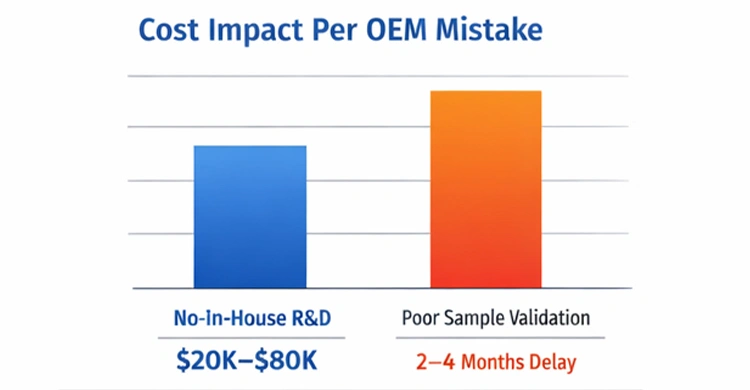 A bar chart showing the significant financial and time costs resulting from common OEM manufacturing mistakes.