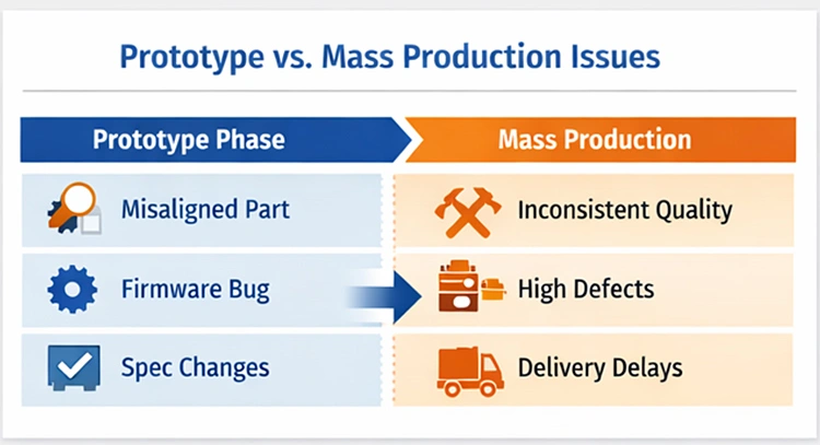 A comparison chart of prototype vs. mass production issues to help brands identify and prevent common OEM manufacturing mistakes.