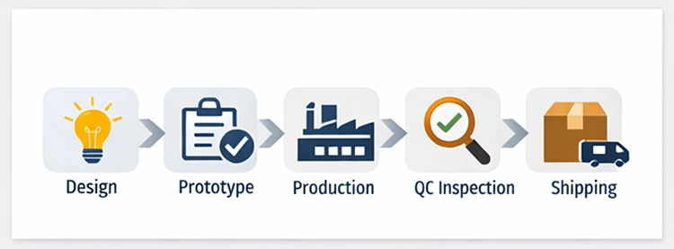A five-step icon workflow diagram illustrating the production path to minimize common OEM manufacturing mistakes.