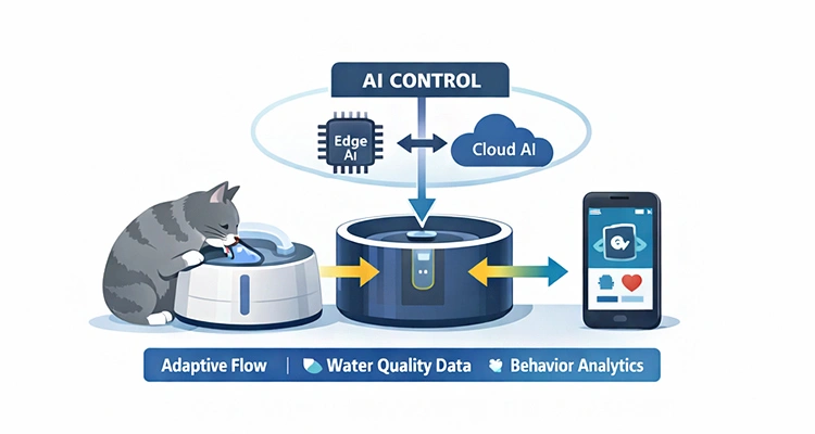 An illustration of Edge and Cloud AI control systems that are driving smart pet fountain manufacturing trends toward adaptive water dispensing.