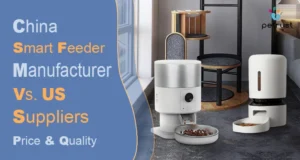 Promotional graphic comparing price and quality between China smart feeder manufacturers vs US suppliers, featuring two automatic pet feeders next to a cat tree.
