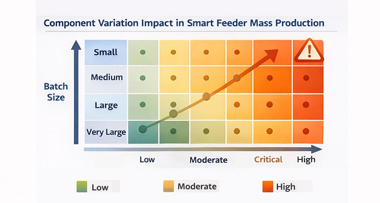 A heat map chart illustrating how component variation impact increases as batch size grows during smart feeder OEM mass production.