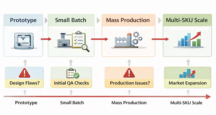 An industrial flowchart from a trusted litter box manufacturer showing the journey from prototype to multi-SKU scale.