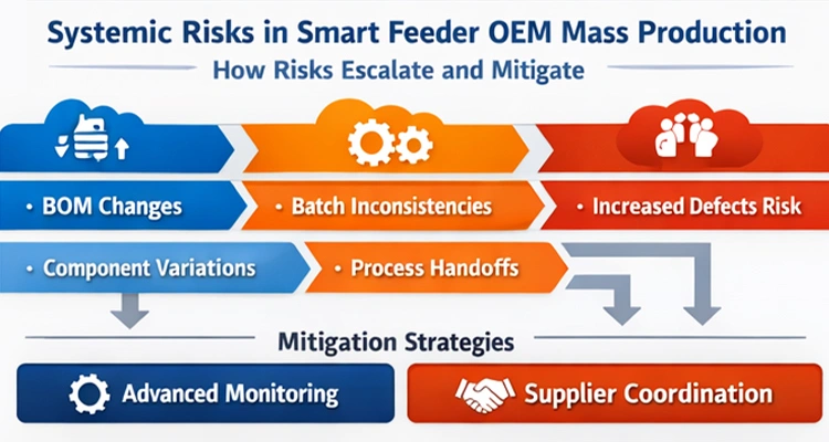 A flowchart detailing systemic risks like BOM changes and batch inconsistencies that occur during smart feeder OEM mass production and their mitigation strategies.