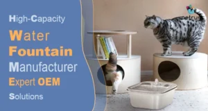 Petrust promotional banner highlighting their role as expert OEM high-capacity water fountain manufacturers with stainless steel products.