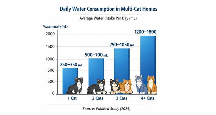 Bar chart showing daily water intake for multi-cat homes used by high-capacity water fountain manufacturers for product design.