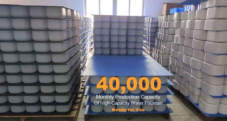 Large-scale manufacturing facility belonging to high-capacity water fountain manufacturers showcasing rows of stacked pet water fountains.