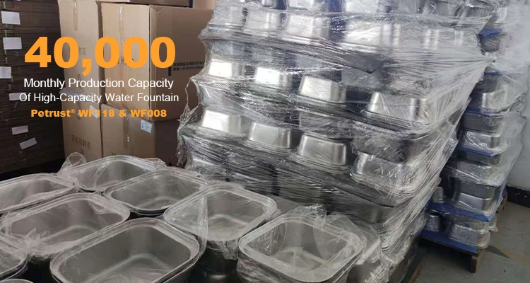 Warehouse view showing a 40,000-unit monthly production capacity for Petrust, one of the top high-capacity water fountain manufacturers.