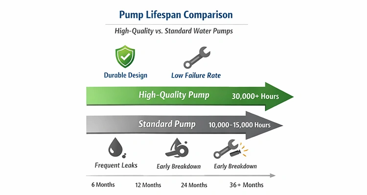 Infographic from high-capacity water fountain manufacturers comparing high-quality pump lifespans of 30,000+ hours versus standard pumps.