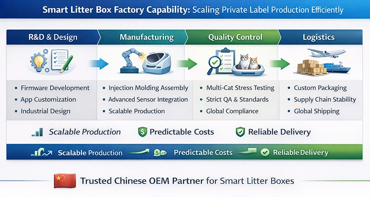 Litter Robot vs Chinese Litter Box Manufacturers 3 of Litter Robot vs Chinese Litter Box Manufacturers (2026): Cost, OEM Flexibility & Which Option Makes Sense for Global Buyers A comprehensive factory capability flowchart illustrating the end-to-end production process for brands deciding between litter robot vs Chinese litter box manufacturers.
