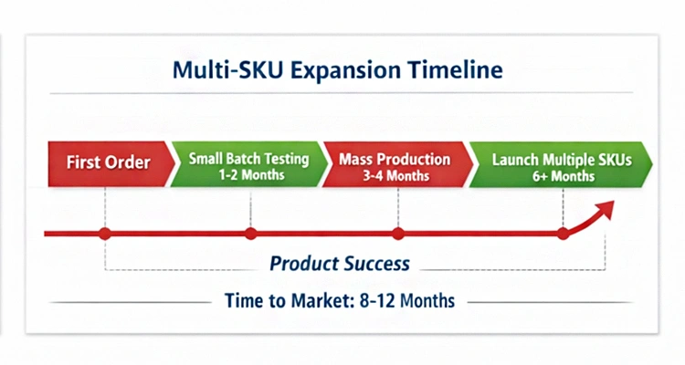 A multi-SKU expansion timeline from a trusted litter box manufacturer showing an 8-12 month time to market.