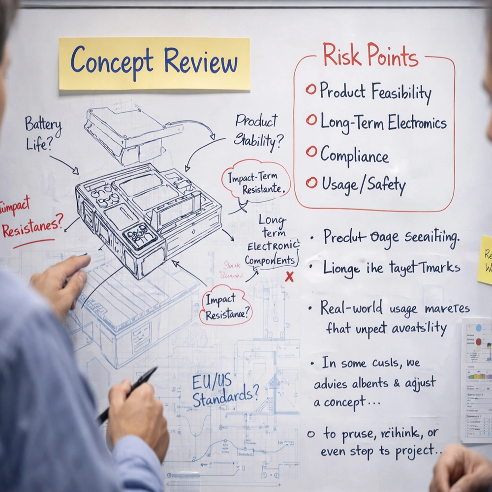 A technical whiteboard session for a product concept review and risk assessment at the OEM&ODM Smart Pet Products Manufacturer - Petrust® About Us Page.
