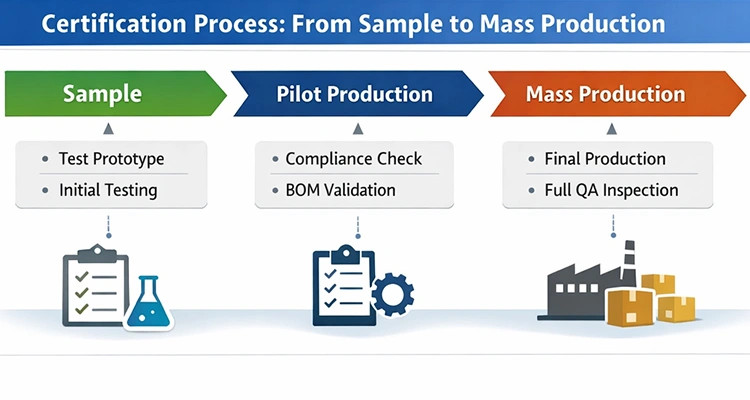 An industrial flowchart illustrating the process of obtaining pet water fountain certifications from initial sample testing to mass production.