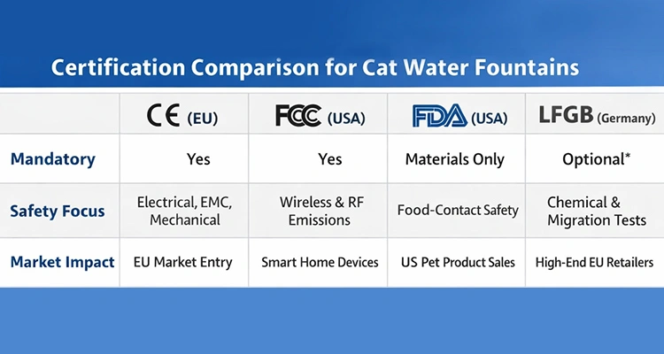 A technical comparison table explaining different pet water fountain certifications including CE for Europe and FCC and FDA for the USA.
