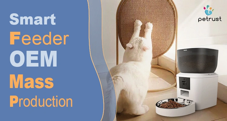 Smart Feeder OEM Mass Production of Smart Feeder OEM Mass Production: Why Samples Pass but Scaling Often Fails A white cat using a scratching post next to a petrust brand automatic pet dispenser, highlighting the quality of smart feeder OEM mass production for global supply.