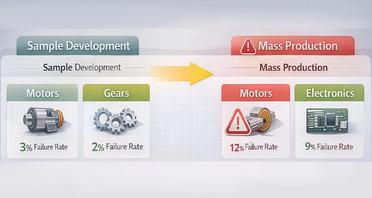 A technical comparison chart for smart pet feeder manufacturing showing failure rate differences between sample development and mass production for motors and electronics.