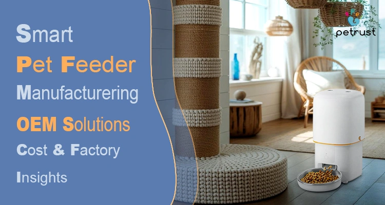 A professional promotional banner for smart pet feeder manufacturing by Petrust, highlighting OEM solutions and factory cost insights.
