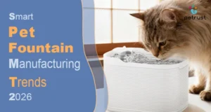 A featured banner for smart pet fountain manufacturing trends in 2026 showing a cat drinking from a modern, white automatic water dispenser.