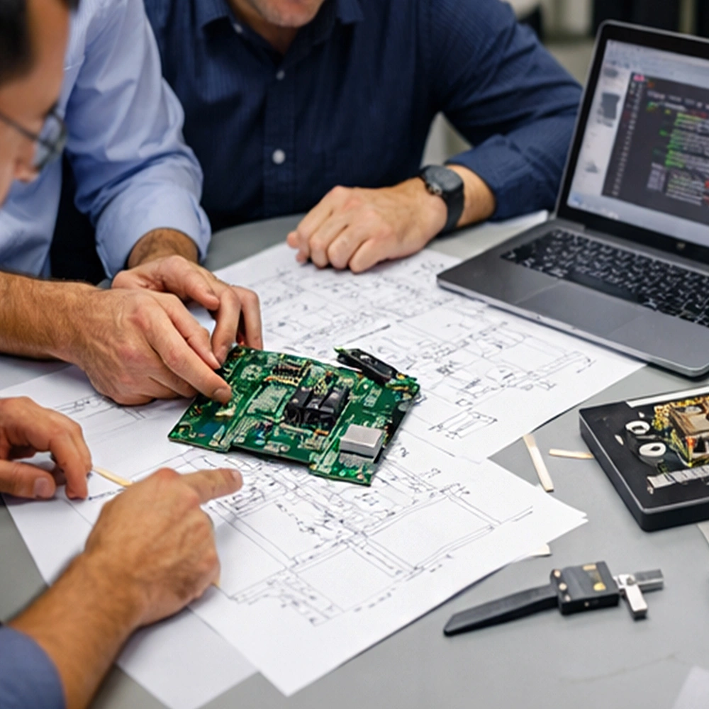 Smart Pet Supplies Manufacturer OEM Project 1 of Home A team of engineers at a smart pet supplies manufacturer reviewing electronic circuit board blueprints and hardware prototypes during the product development phase.
