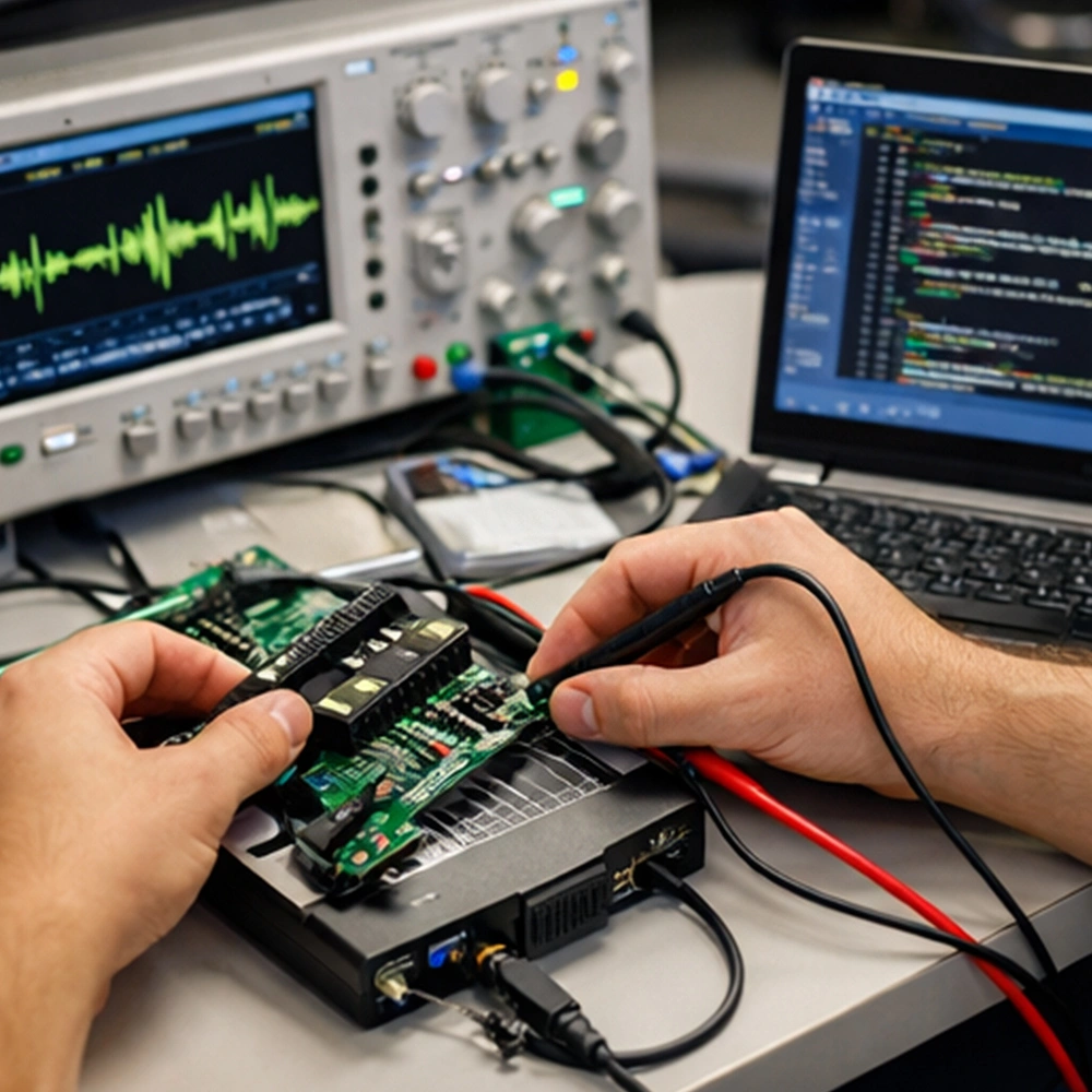Smart Pet Supplies Manufacturer OEM Project 2 of Home An engineer at a smart pet supplies manufacturer using an oscilloscope and laptop to test and calibrate a circuit board for a smart pet device.