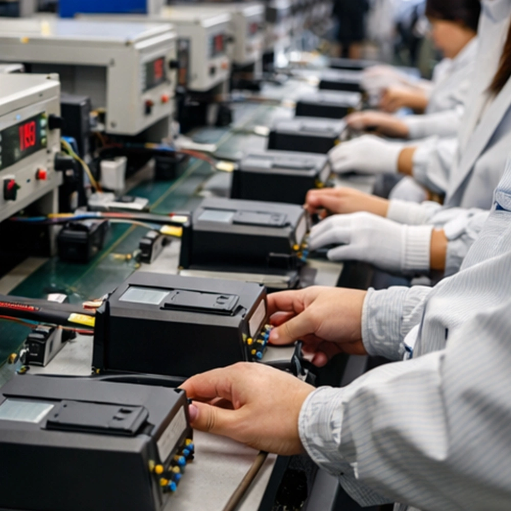 Smart Pet Supplies Manufacturer OEM Project 3 of Home The automated assembly line at a professional smart pet supplies manufacturer facility where workers assemble electronic control modules for pet products.