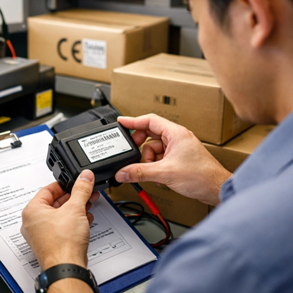 Smart Pet Supplies Manufacturer OEM Project 4 of Home A quality control specialist at a smart pet supplies manufacturer inspecting a finished electronic device before it is packed into CE-certified shipping boxes.