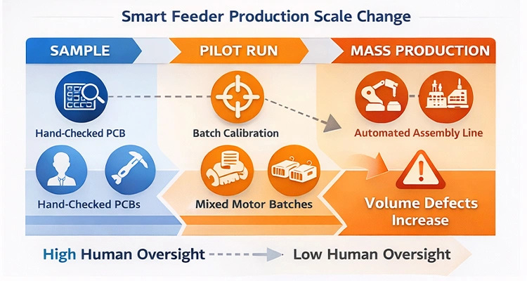 A manufacturing timeline showing the shift from sample and pilot runs to smart feeder OEM mass production and the resulting increase in volume defects.