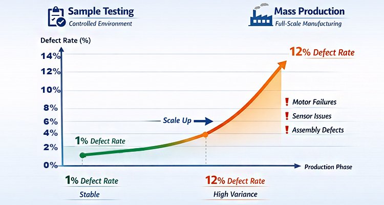 A defect rate chart illustrating the risks of mass production and how to choose a trusted litter box manufacturer with stable quality control.