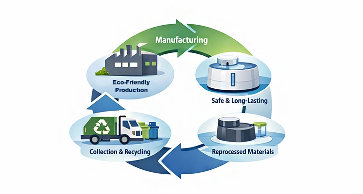 A circular diagram showing the eco-friendly production and recycling process used in current smart pet fountain manufacturing trends.