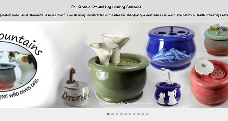 Artistic handcrafted ceramic pet fountains by Ebi Fountains, highlighting the craftsmanship of boutique cat water fountain manufacturers in USA.